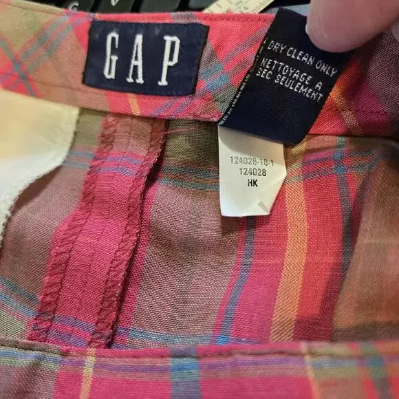 GAP Vintage Plaid Linen Maxi Skirt Red Pink Yellow Button Side Split Size 6 - Picture 9 of 9